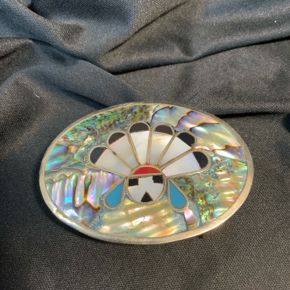 Vintage Alpaca Mexico Abalone Shell Inlay Zuni Sun Face Belt Buckle 3” X 2” ' - Picture 1 of 5